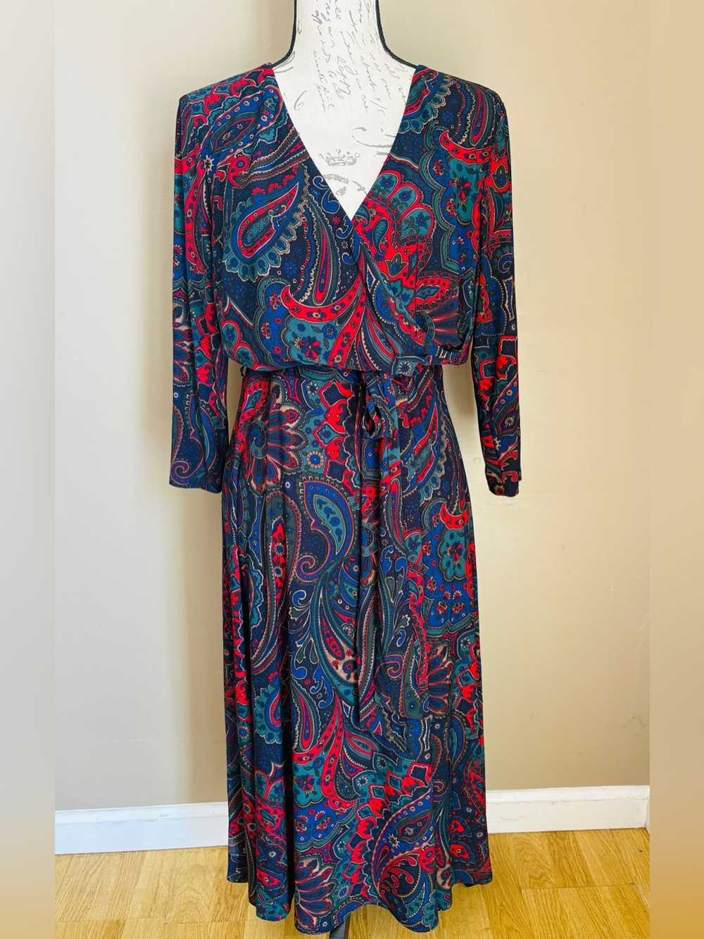 Ralph Lauren Sz 12 Classic Shift Dress Navy Red & Green Paisley Tie at Waist